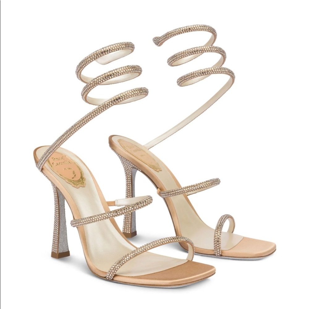 NIB Rene Caovilla Square BEIGE JEWEL SANDALS Shoe Heel Jeweled Rhinestone Bridal